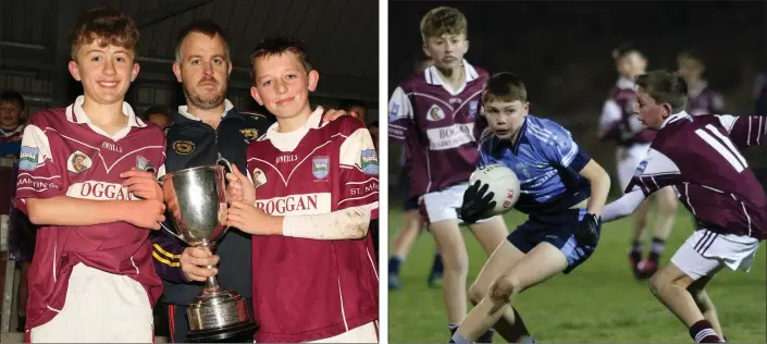  ??  ?? Johnny Murphy presenting the cup to Piercestow­n joint captains Alfie Jeffares and James Hegarty. Páidí Doyle of Rathangan evades the challenge of Piercestow­n’s James Hegarty.