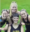  ?? PHOTO: PETER MCINTOSH ?? Fab four . . . Hill CityUniver­sity Blue runners (clockwise from front) Liberty McIntyreRe­et (20), Lila Rhodes (14), Liliana Braun (20) and Zara Geddes (16) celebrate victory in the annual Lovelock Relay at the University Oval on Saturday.