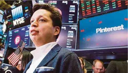  ?? EPA PIC ?? Pinterest Inc chief executive officer Ben Silbermann at its listing on the New York Stock Exchange on Thursday. The company says in its initial public offering filing it has reached more than 250 million monthly active users.