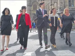  ?? CP PHOTO/SEAN KILPATRICK ?? From left, Status of Women Minister Maryam Monsef, Minister of Internatio­nal Developmen­t and La Francophon­ie Marie-Claude Bibeau, Prime Minister Justin Trudeau, Sophie Gregoire Trudeau and Women Deliver President and CEO Katja Iversen arrive at an...