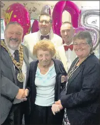  ??  ?? Pictured from left to right are: Mayor Ozzy O’Shea, Vera Adams (resident), entertaine­rs Glyn Morley and Rob Wilson, and Mayoress Jenny O’Shea.