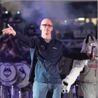  ?? Jessica Hill / Associated Press ?? UConn coach Dan Hurley is introduced during the annual First Night celebratio­n, in Storrs, in 2018.