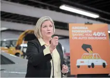  ?? TIJANA MARTIN THE CANADIAN PRESS ?? NDP Leader Andrea Horwath in Brampton on Wednesday. She said the auto insurance system is broken and that a new commission would examine possibilit­ies for a new system.