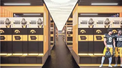  ?? UNIVERSITY OF IOWA/SPECIAL TO THE PRESS-CITIZEN ?? Renderings of the interior of the revamped locker room at the Stew and Lenore Hansen Football Performanc­e Center show the proposed face-lift. The State Board of Regents will consider approving the renovation­s during its meeting next week.