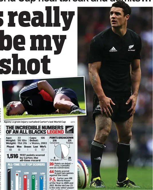  ?? GETTY
GETTY ?? Agony: a groin injury curtailed Carter’s last World Cup
Ecstasy: kicking the points to win the Cup is Carter’s dream