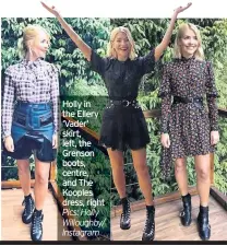  ?? Pics: Holly Willoughby/ Instagram ?? Holly in the Ellery ‘Vader’ skirt, left, the Grenson boots, centre, and The Kooples dress, right