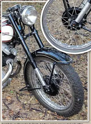  ??  ?? Front forks are Oleomatics by Dowty, but these springs now use steel coils rather than the bouncy power of fresh air. Although the forks appear to be of a leading axle design, in fact the legs are reversible, providing a trailing axle alternativ­e, should you fancy that…