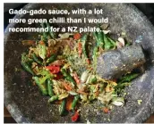  ??  ?? Gado-gado Gado- gado sauce, with a lot more green chilli than I would recommend for a NZ palate.