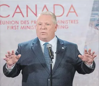  ?? RYAN REMIORZ THE CANADIAN PRESS ?? Ontario Premier Doug Ford at the first ministers’ meeting in Montreal on Friday. Ford accused Prime Minister Justin Trudeau of requiring Ontario to cut its greenhouse-gas emissions more than expected.