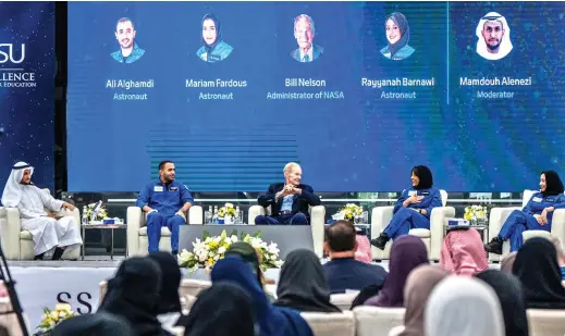  ?? AN photo by Huda Bashatah ?? The panel session titled ‘Beyond Earth: Journeys to the Stars’ brought together NASA administra­tor
Bill Nelson and Saudi astronauts Rayannah Barnawi, Ali Al-Ghamdi and Mariam Fardous, to discuss their own experience­s in space.