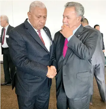  ?? Photo: Jyoti Pratibha ?? Prime Minister Voreqe Bainimaram­a and Tuvalu Prime Minister Enele Sopoaga in New York on June 7, 2017.