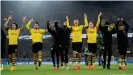  ??  ?? Borussia Dortmund breezed past Cologne as Erling Haaland (4th from r.) added to his hat-trick against Augsburg with a brace on Friday night.