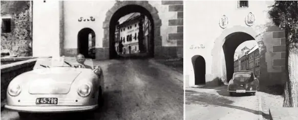  ??  ?? Below left: MD of Gmünd Werks, Otto Huslein, at the wheel of 356/1. Same place, but 70-years in the past