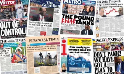  ?? Composite: Mirror / The Guardian / Metro / The Daily Telegraph / The Times / Financial Times / i / Daily Express ?? Tuesday’s newspaper front pages reflected the jitters sparked by Kwasi Kwarteng’s mini-budget plans.
