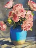  ??  ?? “Roses in Turquoise” by Sarah Blumensche­in. She is part of a twowoman show at Weems Galleries.