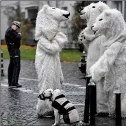  ?? AP/MARTIN MEISSNER ?? Police keep a close eye Saturday on protesters in polar bear costumes after a demonstrat­ion outside a United Nations climate conference in Bonn, Germany. An unofficial delegation from the United States is attending the conference.