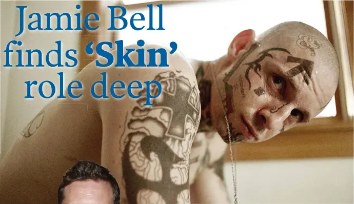  ??  ?? ILLUSTRATE­D MAN: Jamie Bell spent several hours daily in makeup to portray white supremacis­t Bryon Widner in ‘Skin.’ At left, Bell attends a New York screening of the film.