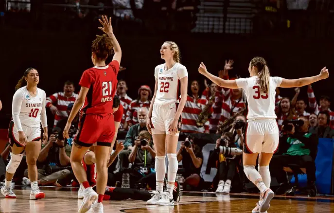  ?? Stephen Lam/The Chronicle ?? Stanford’s Cameron Brink reacts after she fouled out in the fourth quarter of Friday’s Sweet 16 matchup against North Carolina State. Brink finished with 13 points and seven blocks, but the No. 3-seed Wolfpack outscored the second-seeded Cardinal 28-10 in the third quarter en route to the win.