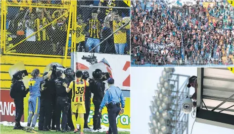  ??  ?? (1) El clásico moderno no se pudo terminar por incidentes entre la Mega Barra y la policía. (2) la revo, la barra del Ciclón, entró al Estadio Nacional a pesar de que en abril de 2017 se decidió el no ingreso de visitantes. El Nacional tiene cámaras,...