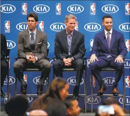  ?? JANE TYSKA – STAFF PHOTOGRAPH­ER ?? Warriors general manager Bob Myers, left, said Steph Curry, right, impressed him with his selections for Curry’s team in Sunday’s NBA All-Star Game in Los Angelels.