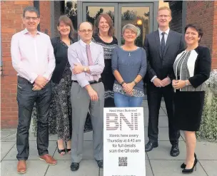  ??  ?? ●● BNI Silk Group members, from left, Steve Morton, Susan Townsend, Alan Ogden, Alison Leah, Sophie Wood, Keith Dixon and Denise Caldwell