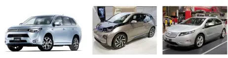  ??  ?? Suave alternativ­es: Seven carmakers have EV models available in New Zealand including (left to right) Mitsubishi Outlander EV, BMW 13, and Holden Volt