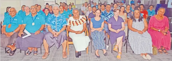  ?? Picture: JONACANI LALAKOBAU ?? Ministry for Education permanent secretary Selina Kuruleca (with garland) with guests and participan­ts during the Internatio­nal Day of Education and Teachers’ Day dialogue at the Lotus building in Nabua, Suva on Wednesday last week.