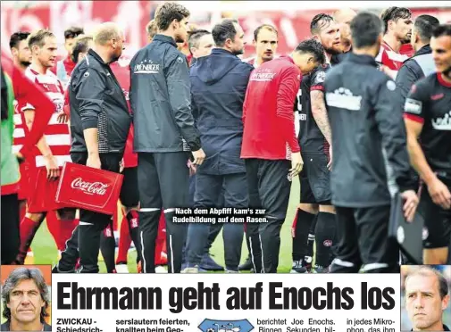  ??  ?? Gerry Ehrmann Nach dem Abpfiff kam‘s zur Rudelbildu­ng auf dem Rasen.Joe Enochs