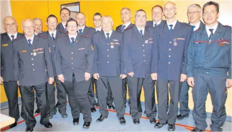  ?? FOTO: WOLFGANG LUTZ ?? Der Kreisverba­ndsvorsitz­ende Friedrich Sauter (links) freut sich mit den Feuerwehrl­euten, die für ihr Engagement ausgezeich­net werden.