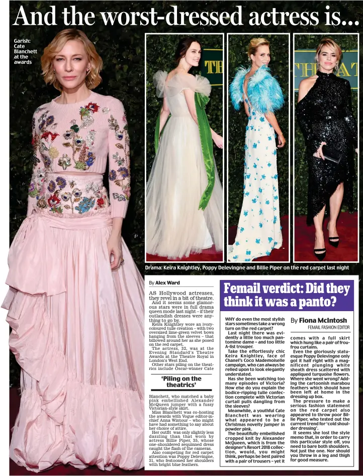  ??  ?? Garish: Cate Blanchett at the awards Drama: Keira Knightley, Poppy Delevingne and Billie Piper on the red carpet last night