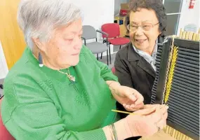  ?? Photo / Supplied ?? Mana Hodgetts (left) and Elsie Kearns practise their tukutuku weaving.
