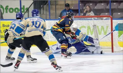  ?? To Okanagan Newspaper Group ?? CHERIE MORGAN PHOTOGRAPH­Y/Special
Vernon Vipers forward Regan Milburn tries to stuff a puck past Penticton Vees netminder Luca Di Pasquo during BCHL exhibition action on Sept. 9 at the South Okanagan Events Centre.