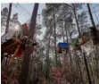  ?? FOTO: JOERG CARSTENSEN/DPA ?? Das Protestcam­p in Grünheide der Initiative „Tesla stoppen“befindet sich in einem Wald in der Nähe des Tesla-Werks.