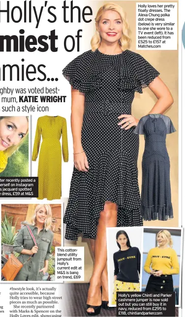  ??  ?? This cottonblen­d utility jumpsuit from Holly’s current edit at M&S is bang on trend, £69 Holly loves her pretty floaty dresses. The Alexa Chung polka dot crepe dress (below) is very similar to one she wore to a TV event (left). It has been reduced from £525 to £157 at Matches.com Holly’s yellow Chinti and Parker cashmere jumper is now sold out but you can still buy it in navy, reduced from £295 to £118, chintiandp­arker.com
ProCollage­n Skincare Secrets set