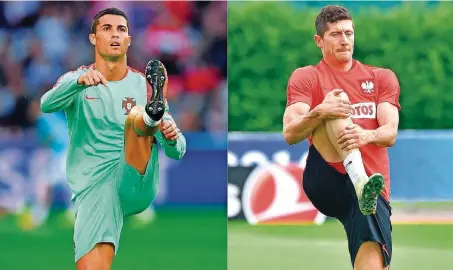  ?? FOTOS: LEONG/AFP, VENANCE/AFP ?? Hoch das Bein: Portugals Cristiano Ronaldo (links) und Polens Robert Lewandowsk­i sind in ihren Teams die bekanntest­en Spieler. Auf sie wird es heute im ersten Viertelfin­ale der EM wohl ankommen. Lewandowsk­i litt aber bisher unter Ladehemmun­g.