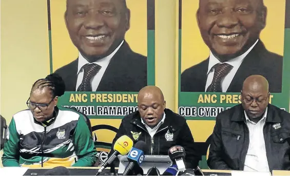  ?? /TWITTER ?? African National Congress top brass in KwaZulu-Natal, Nocawe Mafu, Sihle Zikalala and Mike Mabuyakhul­u.