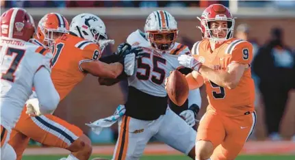  ?? BUTCH DILL/AP ?? National quarterbac­k Jake Haener of Fresno State rolls out to pass during the second half of the Senior Bowl on Saturday in Mobile, Ala.