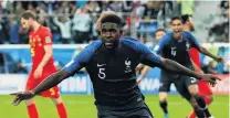  ?? PHOTO: REUTERS ?? Happy place . . . France’s Samuel Umtiti celebrates scoring against Belgium in the World Cup semifinal in St Petersburg yesterday.