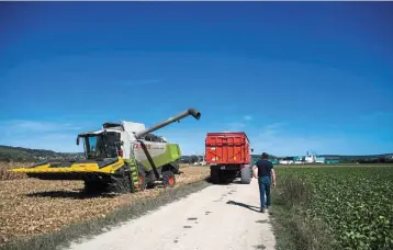  ?? ?? Rising cost: A farmer observes a combine harvester and trailer during corn harvesting on a farm in France. Europe is struggling with high inflation, with food and energy price pressures seen accelerati­ng. — Bloomberg