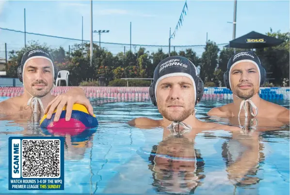  ?? ?? Cairns-based waterpolo players Sean Spring (centre) is playing for the Queensland Bushranger­s, a combined team of players from regional Queensland, in the WPQ Premier League Cairns 'Jesse O'Hara (left) and Marijn Kerkhoven (right) are also in the squad. Picture: Brian Cassey