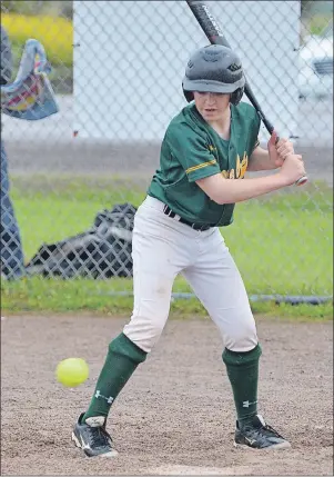  ?? SUBMITTED PHOTO ?? Justin Day of the Three Oaks Axemen takes a pitch during the P.E.I. School Athletic Associatio­n Senior Boys Softball League gold-medal game on Wednesday evening. The Axemen defeated the Kinkora Blazers 15-2 in five innings in Slemon Park win their...