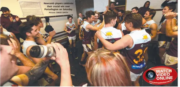  ?? Picture: DAVID SMITH ?? Newcomb players celebrate their crucial win over Portarling­ton on Saturday.