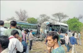  ??  ?? The Haryana Roadways buses that collided with each other at Pandala village on Narnaul road in Rewari on Saturday.