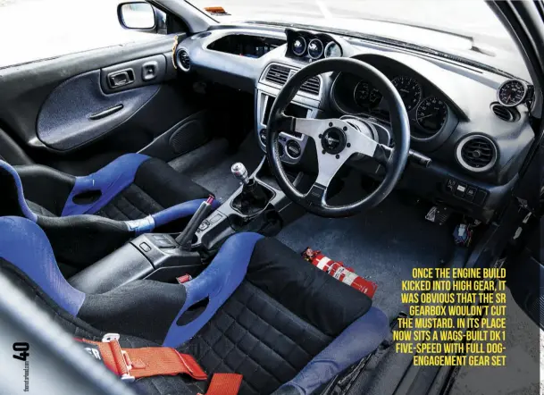  ??  ?? INTERIORSE­ATS: Racepro, Silvester fourpoint harnesses STEERING WHEEL: Nardi INSTRUMENT­ATION: V7 STi dashboard and cluster; Auto Gauge oil-temperatur­e, oil-pressure, watertempe­rature, and boost gauges