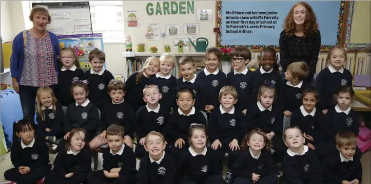  ??  ?? Ms O’Hare and her new junior infants class with Ms Farrelly on their first day of school at St Patrick’s Loreto Primary School in Bray.