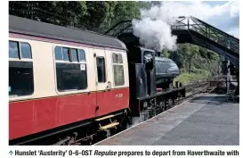  ?? PETER VAN CAMPENHOUT ?? Hunslet ‘Austerity’ 0-6-0ST Repulse prepares to depart from Haverthwai­te with the Lakeside & Haverthwai­te Railway’s first train of the day on July 6, two days after the line resumed services.