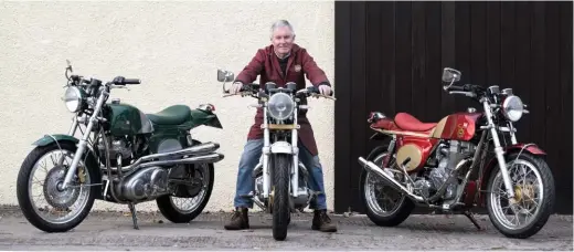  ?? ?? Above: Steve’s Norton, Triumph and BSA Metisses form a triumphant trio that proves he still has what it takes