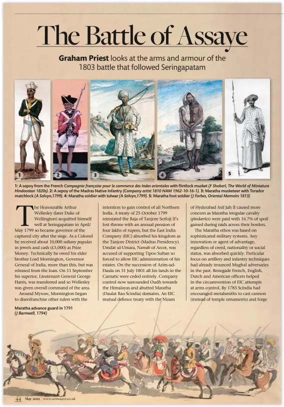  ??  ?? 1: A sepoy from the French Compagnie française pour le commerce des Indes orientales with flintlock musket (F Shoberl, The World of Miniature Hindoostan 1820s). 2: A sepoy of the Madras Native Infantry (Company artist 1810 NAM 1962-10-16-1). 3: Maratha musketeer with Torador matchlock (A Solvyn,1799). 4: Maratha soldier with tulwar (A Solvyn,1799). 5: Maratha foot soldier (J Forbes, Oriental Memoirs 1813)
Maratha advance guard in 1791 (J Barnwell, 1794)