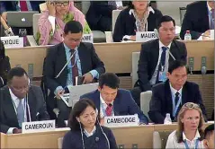  ?? FACEBOOK ?? Permanent Representa­tive of Cambodia to the UN Ney Samol (centre) speaks at the 36th session of the Human Rights Council last month in Geneva.