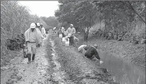  ?? Tribune News Service/TIM JOHNSON ?? Dozens of “pirates” skim gasoline out of an irrigation ditch near the site of a pipeline spill in Mexico’s Tabasco state as Pemex workers at left deal with problems related to the spill.